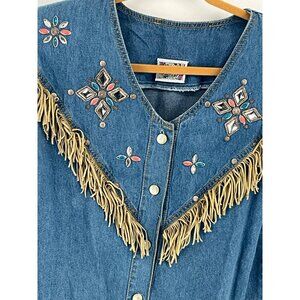 Vintage Monique Fashions 8 Petite Blue Denim Fringe Western Shirt Embellished V-